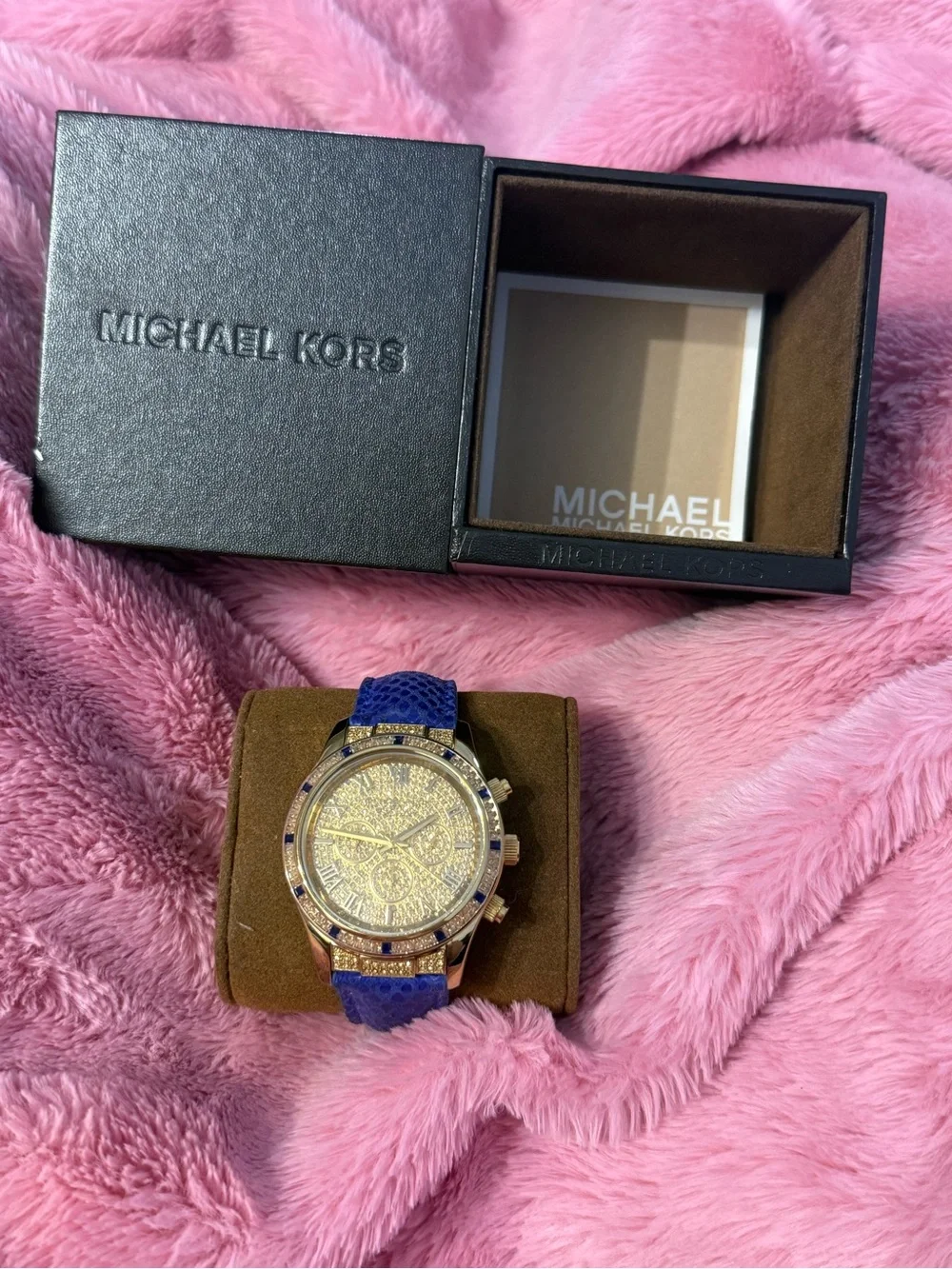 Michael Kors Gold Tone Crystal Pavé Watch with Blue Strap